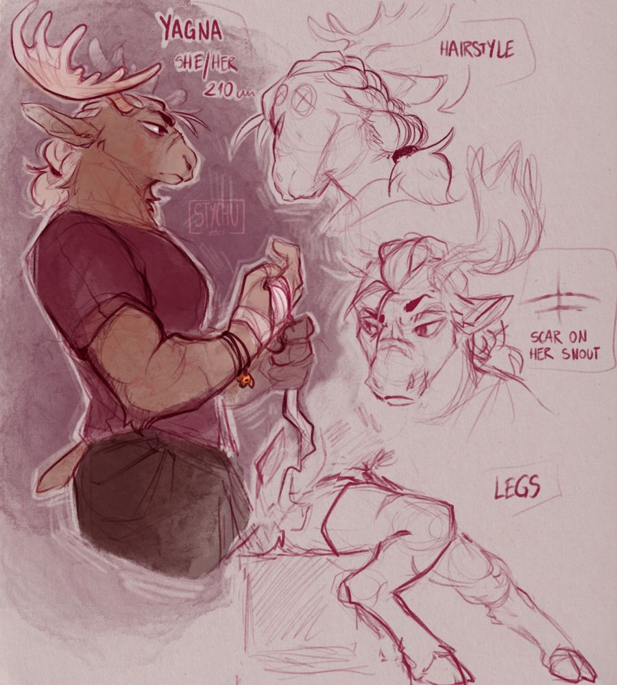Yagna - she/her - 210cm
Sketchy ref sheet of my CotL oc, moose