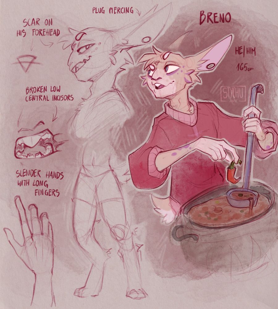 Breno - he/him - 165cm
Sketchy ref sheet of my CotL oc, rabbit with light fur and purple spots