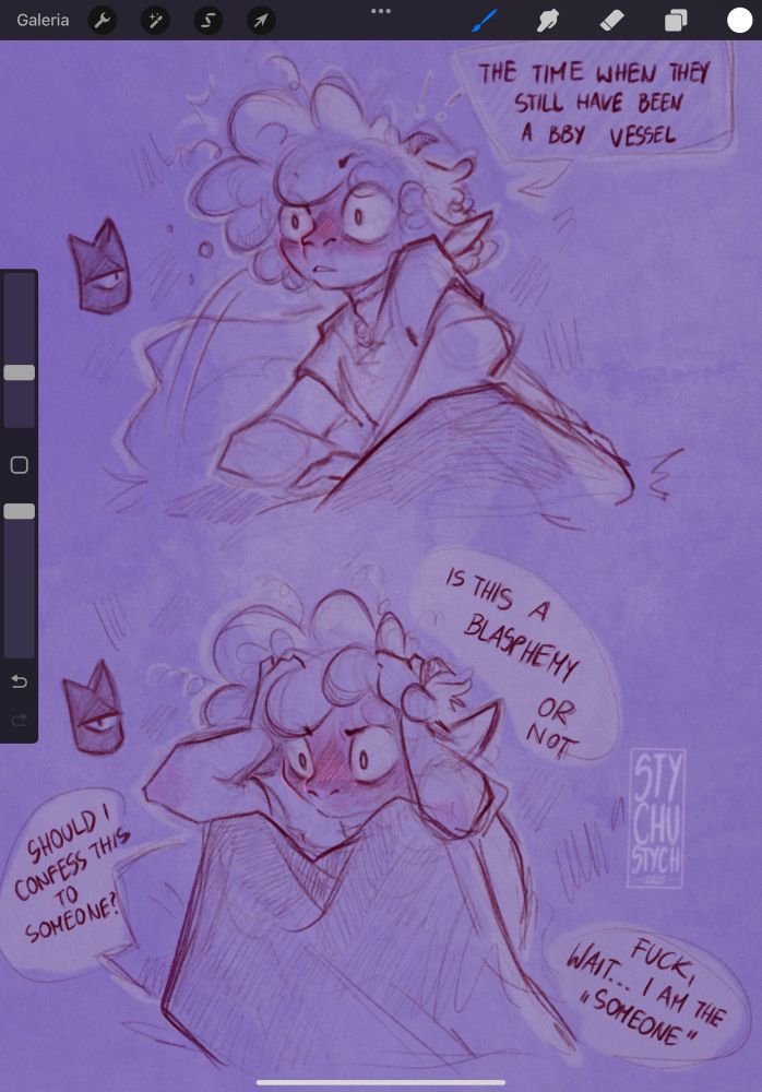 Lamb from Cult of the Lamb game
Comic bubbles:
- THE TIME WHEN THEY STILL HAVE BEEN A BBY VESSEL 
- Is this a blasphemy or not
- Should I confess this to someone?
- Fuck, wait... I am the "someone"