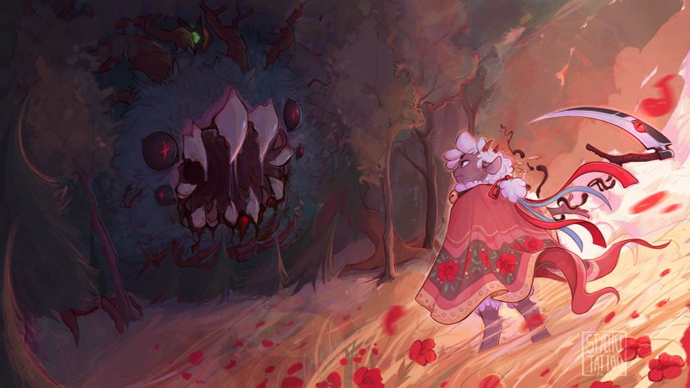 Cult of the Lamb inspired illustration with warm colors. Leshy in eldritch boss form on the left emerging from the forest. Lamb on the right side, standing in the field full of poppies, wearing slavic-looking fleece, summoning a scythe