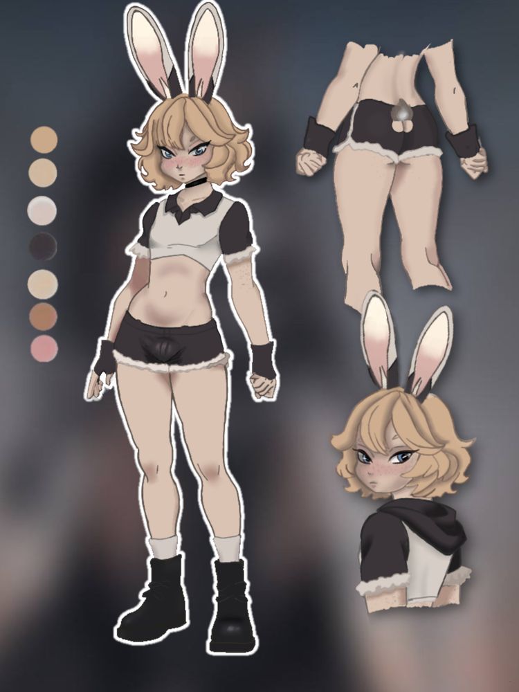 A feminine looking bunny boy, dressed in a revealing top and very short shorts. He is blonde with a feminine styled medium length hair cut. One picture reveals his shorts have a cut out for his tail.