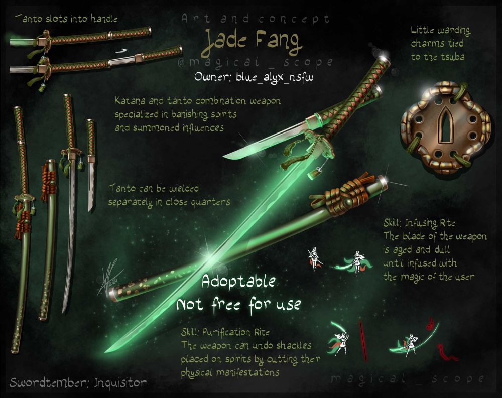 Jade fang: green katana with an ability to extend its grip to a 2handed version. Pair of swords with the power to cut threads of fate.