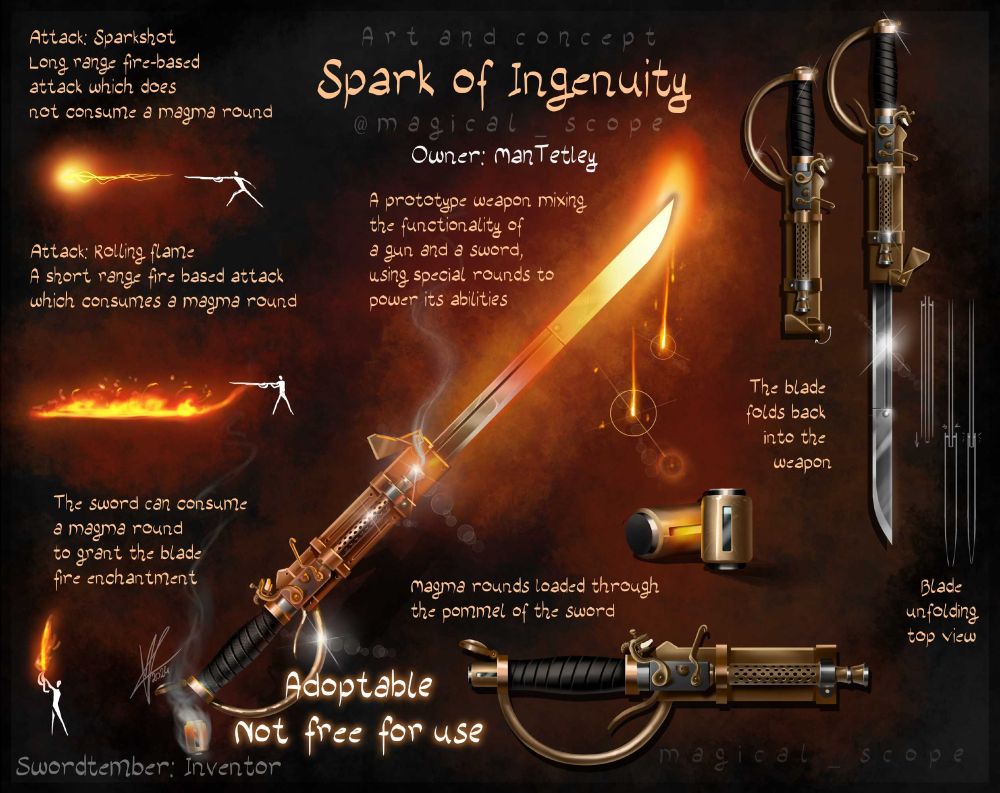 Spark of Ingenuity: A gunblade that folds out and also has a flamethrower function.