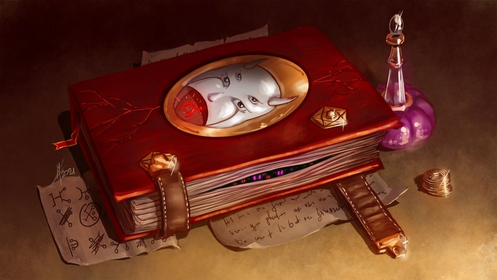 A book with a mask on the cover, a potion to the right of it, papers below it. Inside the book there are multiple pairs of eyes peeking from between the pages.