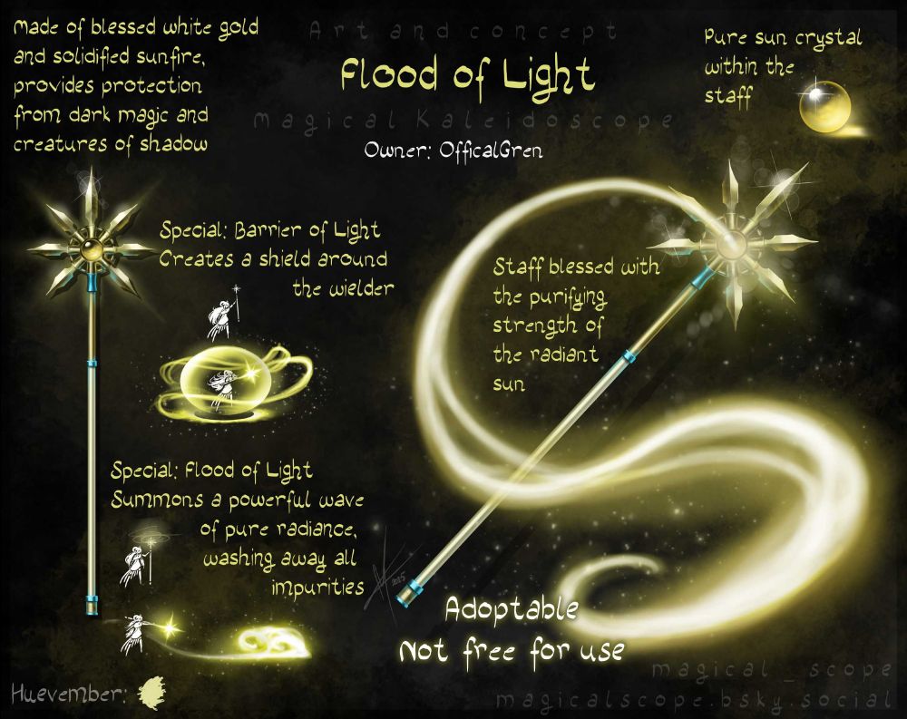 A golden staff with a sun crystal, capable of forming barriers and flooding the area with waves of light washing away all impurities.