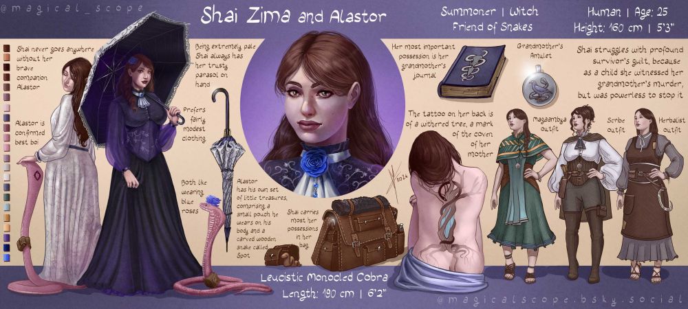 Reference sheet for Shai, a young woman with brown hair and brown eyes and a pink cobra snake named Alastor. The reference includes some outfits, items of import and a full view of her back tattoo with a black snake curled around a tree.