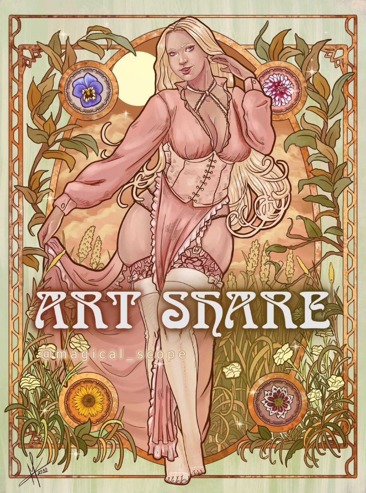 Picture of a blonde woman in a pink dress on a field of flowers, stylised in Art Nouveau way. 
The words 'Art Share' are overlaid across the picture.