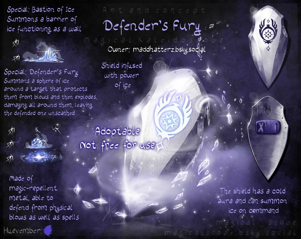 Design for a shield with powers of creating ice barriers with a symbol embossed on it.