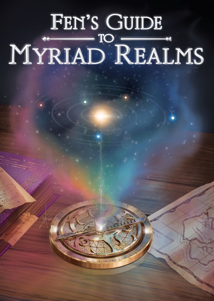 Picture of an astrolabe with a light coming out of it, shooting upwards and projecting a star system, surrounded by iridescent vapor. It's laying on a wooden desk with a map and a book on it.
Text above states 'Fen's Guide to Myriad Realms'.