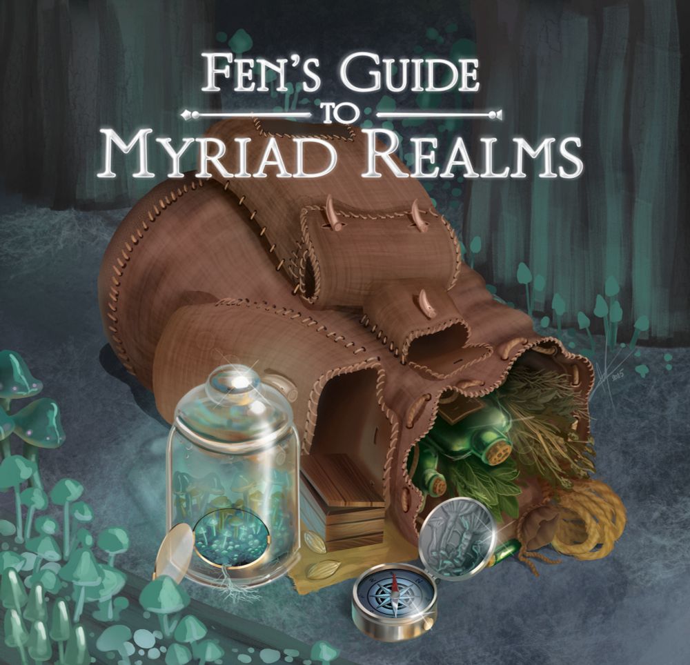 A backpack with items crammed into it such as bottles, herbs, rope. Three items to the left are a silver compass, a box with large seeds and a little terrarium with mushrooms inside!