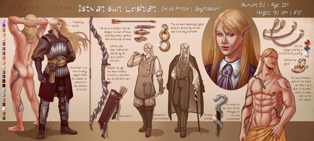Fit elf by the name Istvan sun Leishian, including his armor, diplomat clothes, his work clothes for carpentry, his favorite bow, cane and the jewelry he enjoys to wear. The reference also shows his two snake tattoos spanning his right arm and left leg.