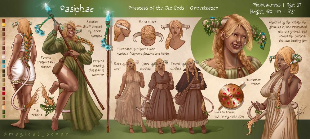Character sheet for a minotaur-blooded character, including a back view, a main summer-linen outfit, three variants of travelling clothes, a portrait and horn profile, her favorite staff and brooch and a nude thigh-up shot showing off her vitiligo spots.