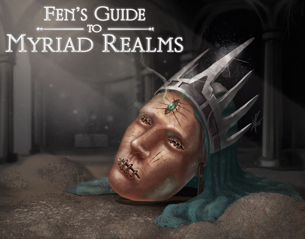 A mask with a crown and a veil on the back of it. The front is adorned with a green gem inside an eyesocket in the forehead. The mouth and eyes of the mask are sewn shut with a wire.