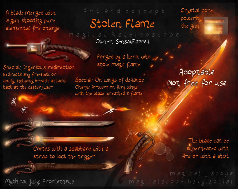 A gunblade with a fiery ability themed after Prometheus. Comes with a scabbard to keep the trigger locked.
