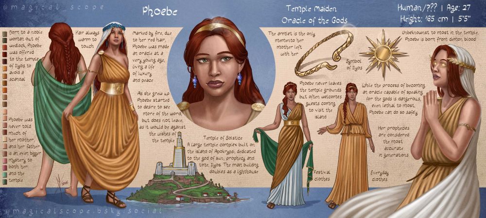Character design for a red haired woman with olive-green eyes and pale skin named Phoebe. She's dressed in  various outfits inspired by Hellenistic period and one of the pictures represents the temple she spent  her entire life in. There's also a small design for the symbol of her god - a sun - and an armlet.