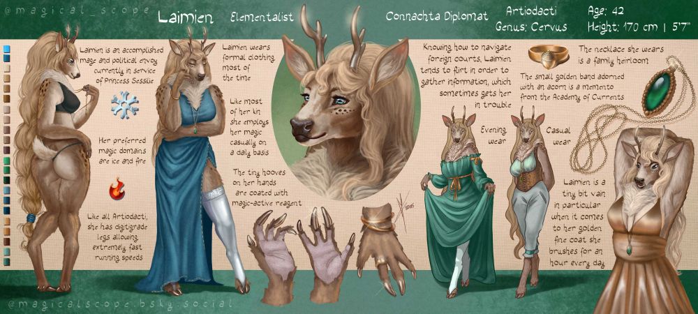 Character sheet for a anthro-deer character named Laimien, including a portrait, a back and front pose, some alternative outfits, a close-up of her hands (with four fingers tipped with hooves) and two pieces of jewelry she wears - a ring with an acorn and a green gem necklace.