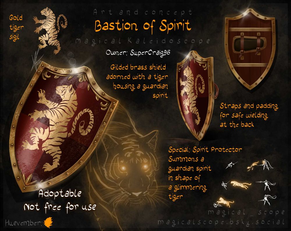 Design for a shield by the name Bastion of Spirit with a golden tiger on it. The back of the shield has straps to attach it to the forearm. The shield itself can summon a spirit of a tiger, fighting alongside the wielder.