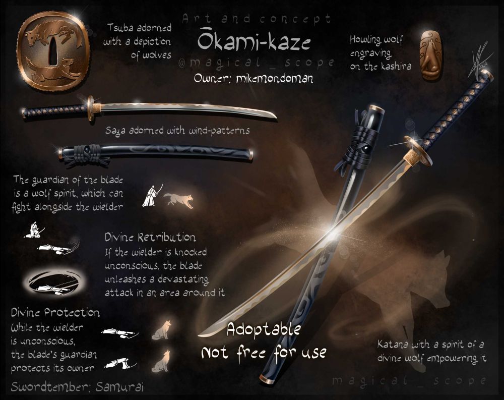 A katana with a wolf guardian defending the wielder if they fall in battle.