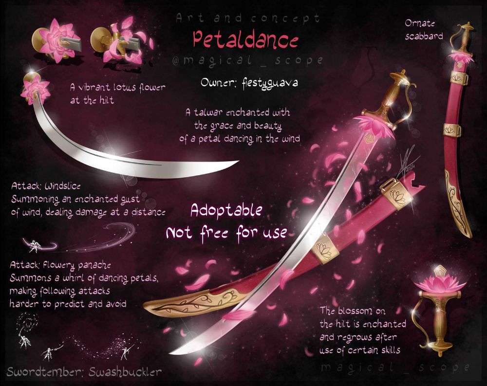 Fantasy talwar design called Petaldance with a lotus flower growing around the hilt, utilizing the petals as a distraction to momentarily render opponents dazed.