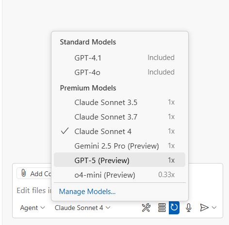 Screenshot of GitHub Copilot model selection, showing GPT-5 (Preview) model highlighted