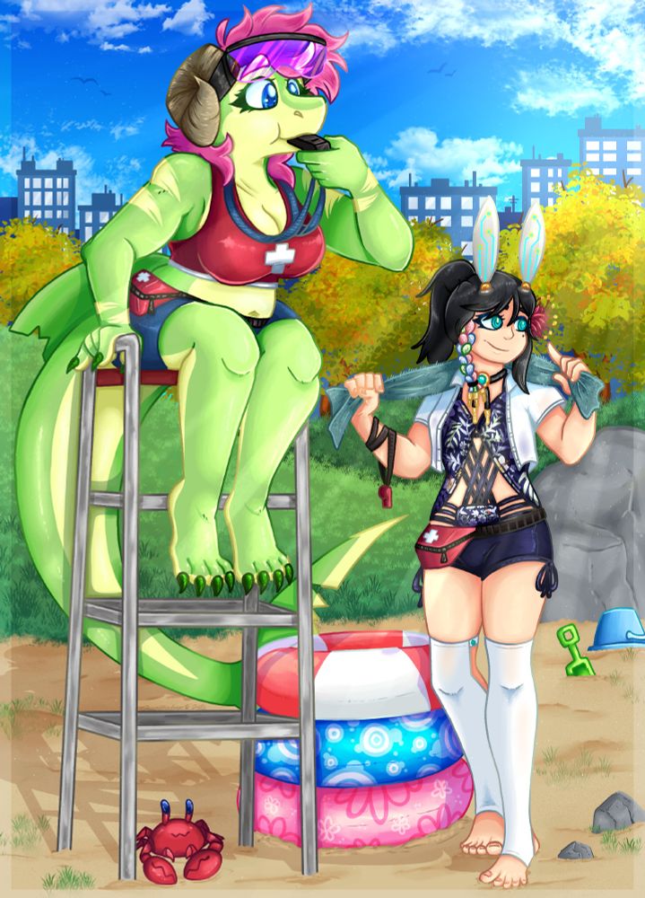 A fullbody piece for SpicyBara! this piece shows off Luca and Lykaios in life guard apparel keeping watch of the beach! There are various beach set pieces from crabs, sand buckets and floaties! Luca is sitting in the life guard chair blowing their whistle and Lykaios walking up next to them after recently helping someone else.