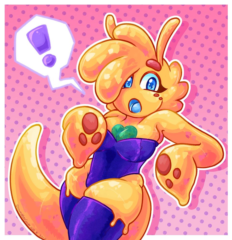 A halfbody drawing of my slime girl oc honeydew in a one piece top and matching thigh highs (the outfit is purple and glittery while honeydew herself is a yellow-orange slug like slime girl with blue eyes and a blue heart core)