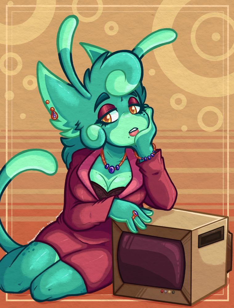 my alien gal Ophelia in a red office suit-like dress next to a CRT-TV with a retro dot like background.