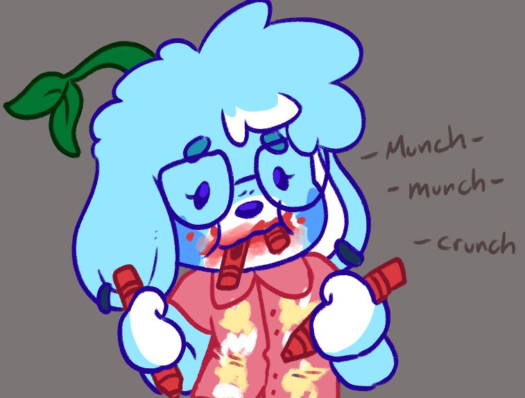 A dinky doodle of my sona Beanie eating a bunch of red crayons, beanie is a light blue dog with a green sprout coming out of her head. the text next to her says "munch, munch, crunch"