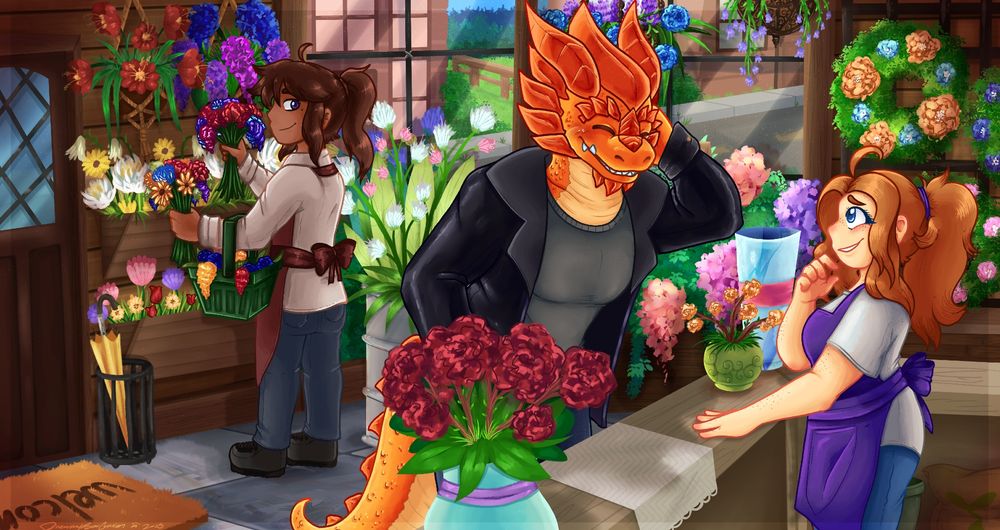 A spread shot of Cosmeows characters! Set in a blooming and colorful flower shop, here we see Cinder (lizard man) and Morgan (girl behind the counter having a rather bashful conversation. meanwhile Morgans friend Will (gathering flowers) is seen listening in on their conversation
