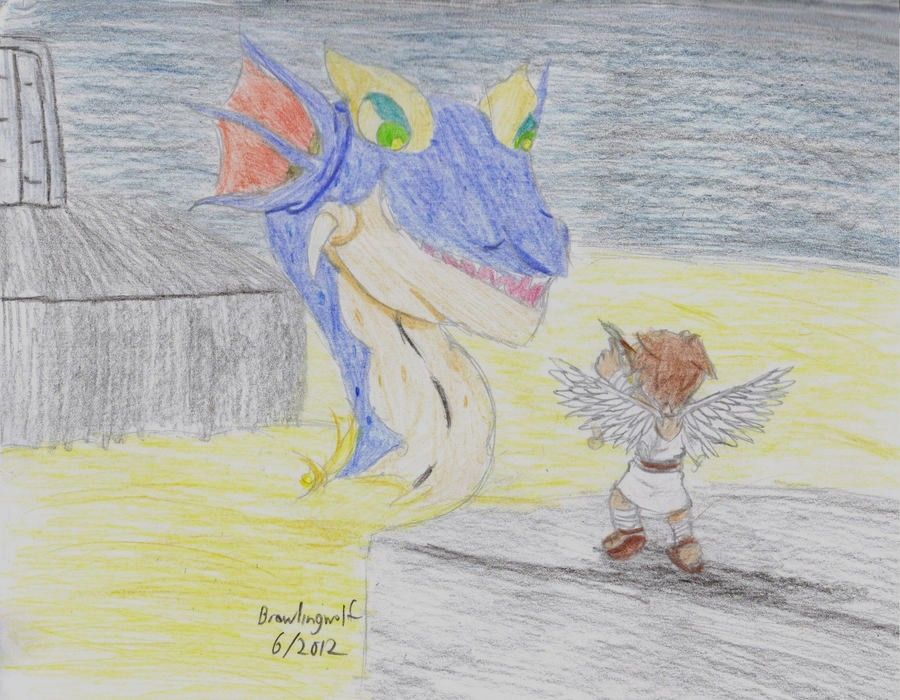 A colored pencil traditional art of the young angel Pit aiming an arrow at Hewdraw, the Overworld Fortress's boss from the NES game Kid Icarus.