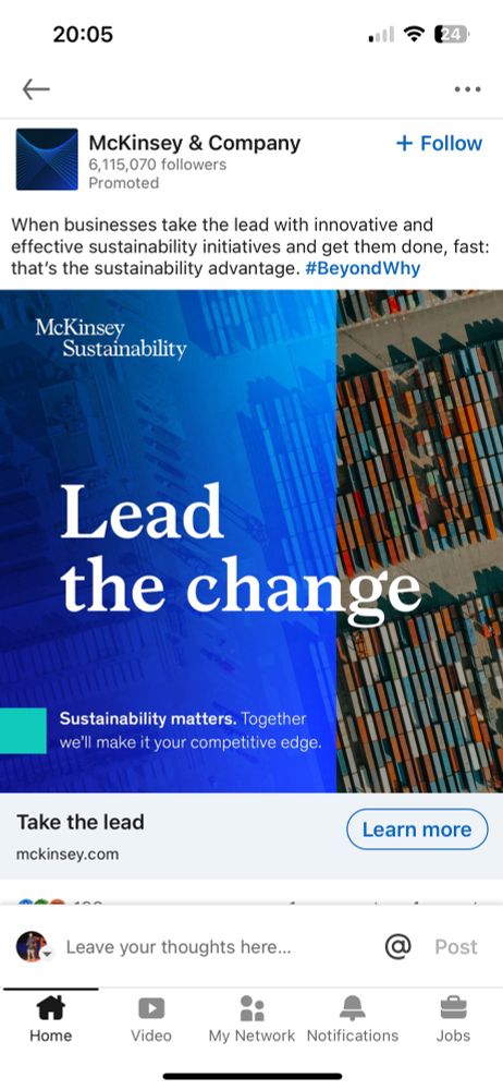 A screen grab of a sponsored LinkedIn post promoting global consulting firm McKinsey’s sustainability work.