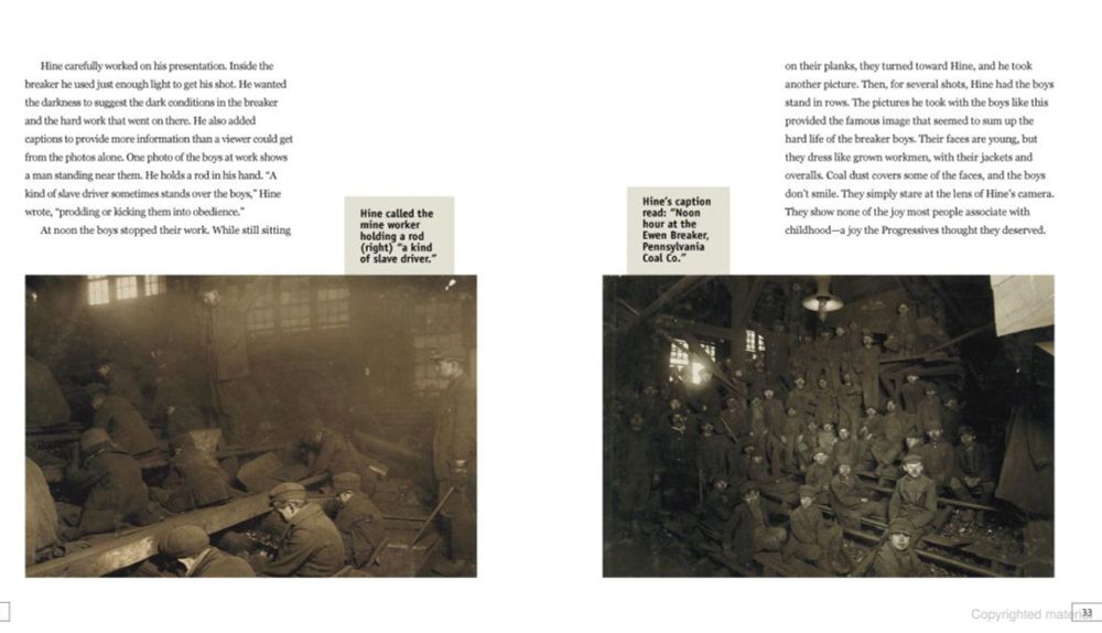 A photo from the book, Breaker Boys — How a Photograph Helped End Child Labor. It talks about the person who took these photographs and their motivations. Two additional photographs of child miners are there. They lack any joy.