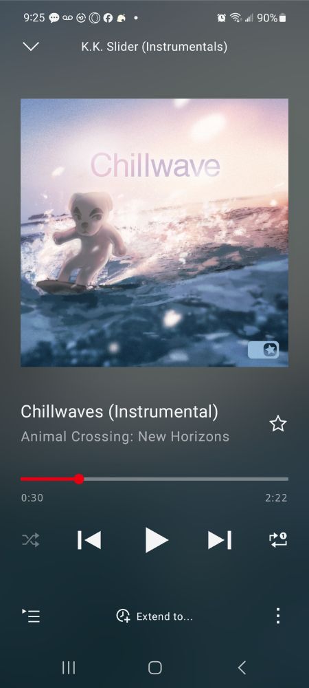 A screenshot of the Nintendo Music app currently playing Chillwaves (Instrumental). 

But the actual song is called "Chillwave". 

In order to request a song from K.K. Slider in AC:NH, you have to type out the song exactly as it's called. Adding an S, despite being close enough to the actual title will make him play a secret hidden song that will become a song in the next Animal Crossing, but isn't playable in current game.

So on top of forcing you to buy a subscription to NSO to even access the app and having a very meager selection of music (STILL NO SMASH MUSIC AS OF WRITING THIS) it also misnames the songs.