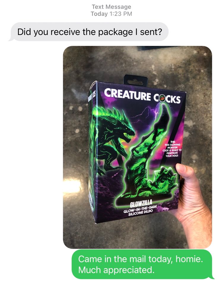 A screenshot of a text conversation in which an unknown number asks, “did you revive the package I sent?” To which we respond with a picture of a box of a Godzilla dildo and the text, “Came in the mail today, homie. Much appreciated.”