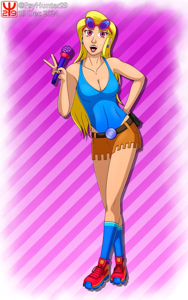 Sally McRally (Victory Heat Rally), holding a microphone in one hand while resting the other hand on her lower back.  She is wearing a blue one-piece swimsuit and leather miniskirt, with a black transmitter fastened to her belt.