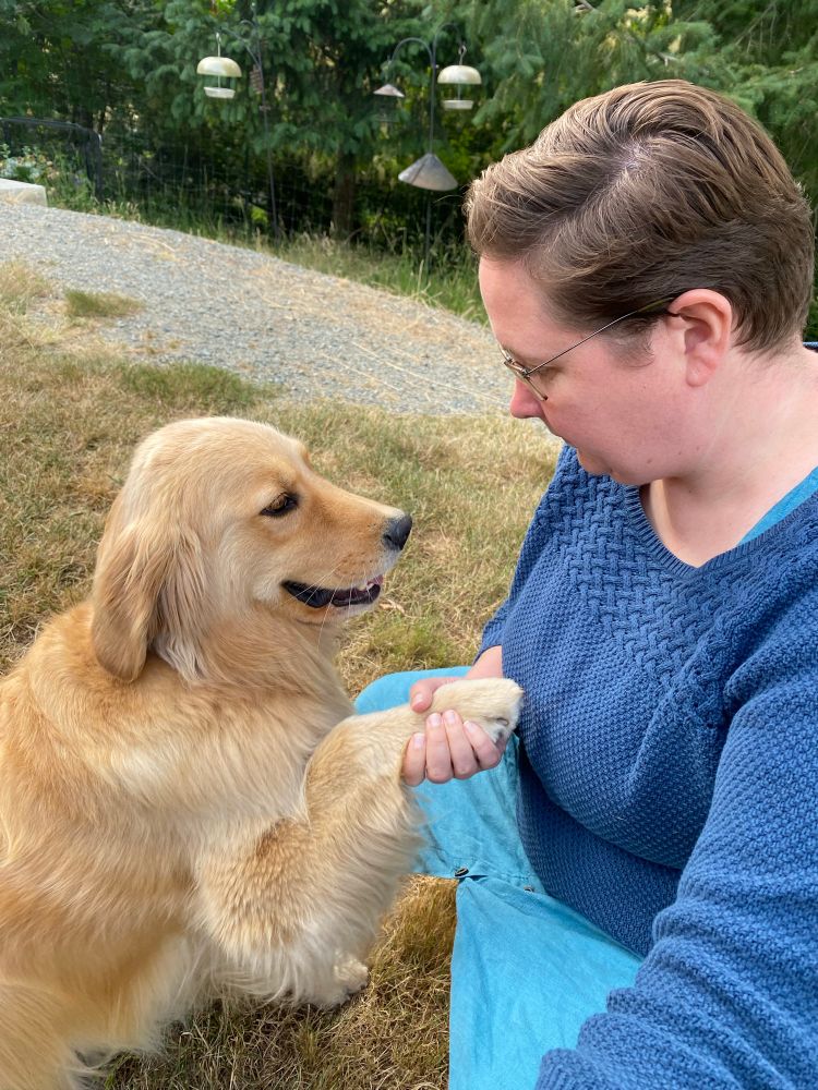 Golden retriever shaking paws/hands with a woman in a teal dress and blue sweater 