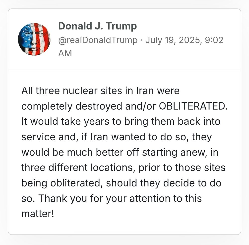 Truth Post from F47 claiming Iran's nuclear sites were completely destroyed. 