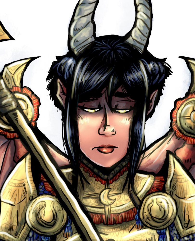 Close up shot of the warrior girl in near to full Armour. Her eyes are half lidded and glow gold