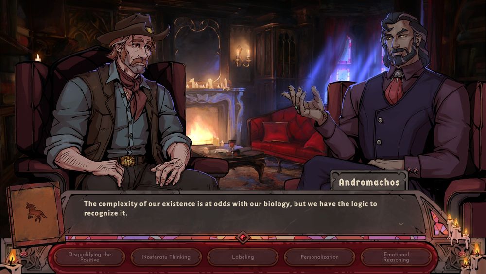 A screenshot of the game "Vampire Therapist", in which surrounded in a fancy gothic room a handsome vampire cowboy man is sitting on a beautiful sofa across an insultingly handsome named Andromachos. Andromachos is saying: "The complexity of our existence is at odds with our biology, but we have the logic to recognize it."