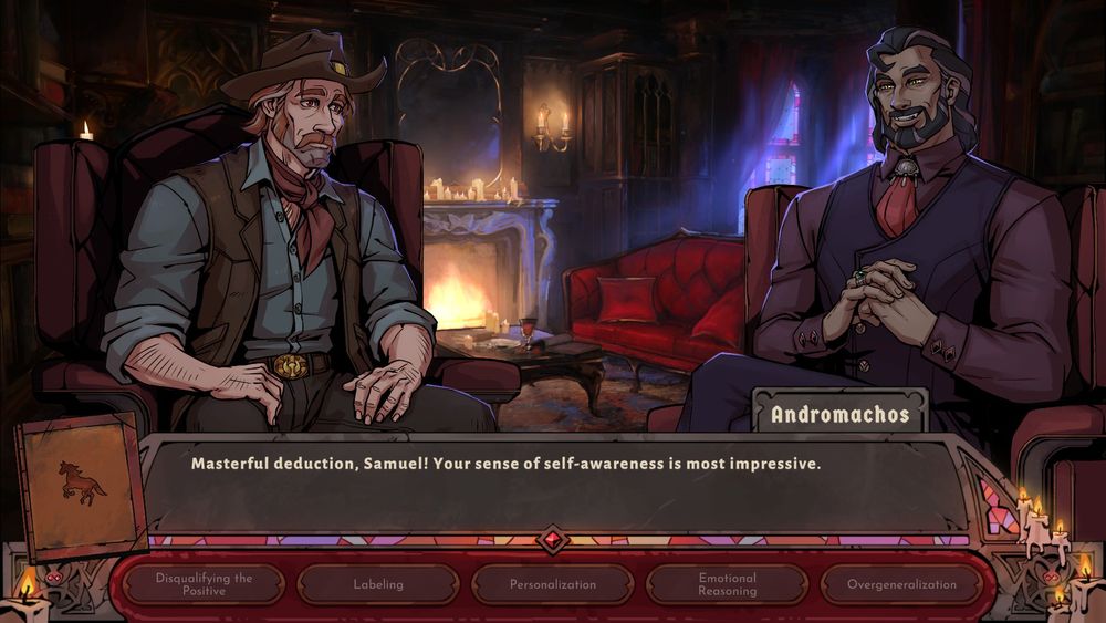 A screenshot of the game "Vampire Therapist", in which surrounded in a fancy gothic room a handsome vampire cowboy man is sitting on a beautiful sofa across an insultingly handsome named Andromachos. Andromachos is praising the cowboy by saying "Masterful deduction, Samuel! Your sense of self-awareness is most impressive."