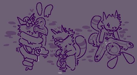 Three drawings, from left to right:

The robot is using her slime body to wrap the ferret and fill her with slime. The robot is smiling and the ferret seems to be enjoying herself. The ferret is leaking cum.

The ferret is hunched over, holding the small body of the robot by the ears. She is using the friction between the magnetic ears and head of the robot to pleasure herself.

The ferret, laying on top of the robot in her slime body, with her penis inserted into her chest. The ferret cums inside of the robot's chest.