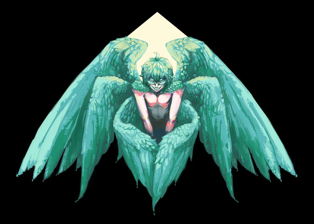 Art of GhostKiwi's character Kelp. They are a six winged harpy, with emerald-green wings. His hair is also made up of feathers.

This was my last piece of art-fight 2024.
