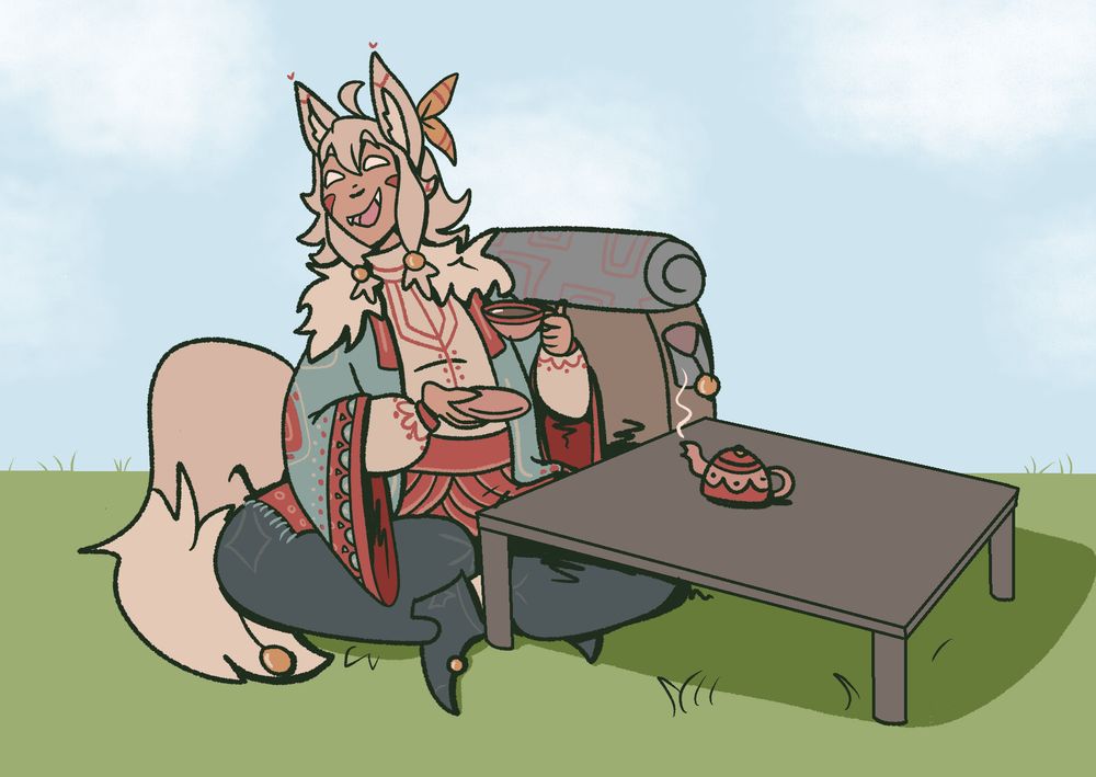 A kitsune man with a white tail and ears sitting at a table in a field next to a large backpack, enjoying a cup of tea