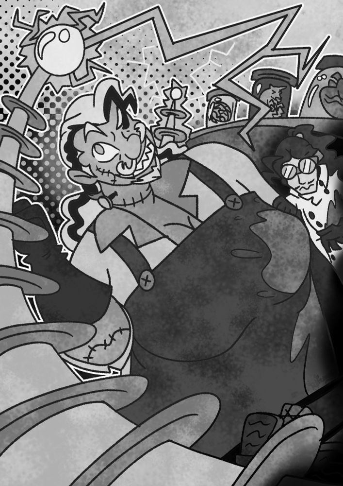 A Frankenstein woman with a mustache and goatee in a blood splattered apron in a lab. She is grabbing an electrode that is shooting lightening. A lab assistant in goggles cowers behind her. This version is in black and white