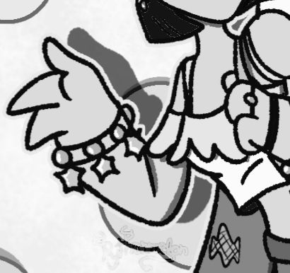 A cropped, black and white image featuring an alien hand with charm bracelets on