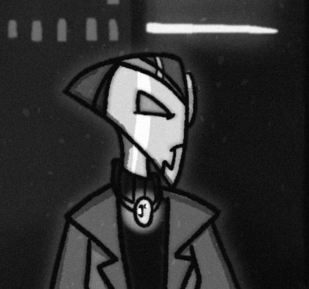 A cropped black and white drawing of Nos-4-a2 from Buzz Lightyear of star command wearing a coat, turtleneck sweater, and a necklace