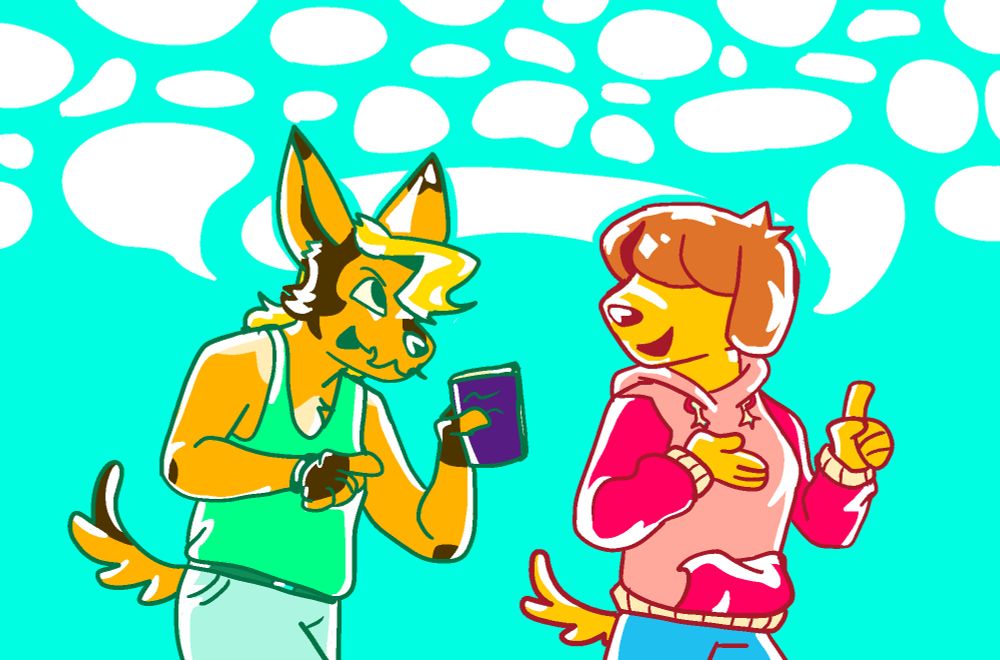 A drawing of two anthropomorphic dogs in bright colors talking happily about a book. The one on the right is Pepper from Hello from Halo Head and the one on the left is a big-eared berger picard in a tank top