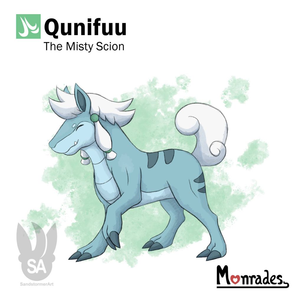 Monrades: Qunifuu - The Misty Scion.
A blue horse like creature. Their tail is white and cloud like and their mane is decorated with accessories.