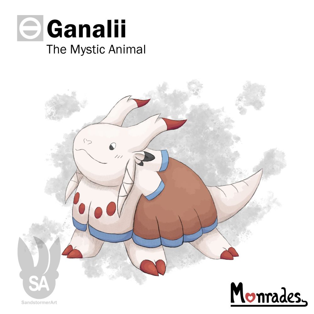 Monrades: Ganalii - The Mystic Animal.

A white quadrupedal creature. It somewhat resembles a cattle. Brown fur drapes over its body. It had red and blue patterns on its fur.