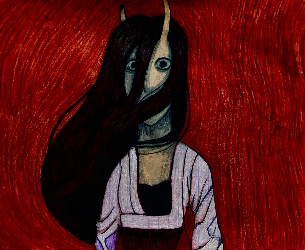 Traditional drawing of a front facing woman staring at you with no emotion in her eyes. The woman is pale with horns that sprout at the top of her head. Her hair and clothes are both unkept. The background is very red, giving the rest of the drawing a red hue. 
